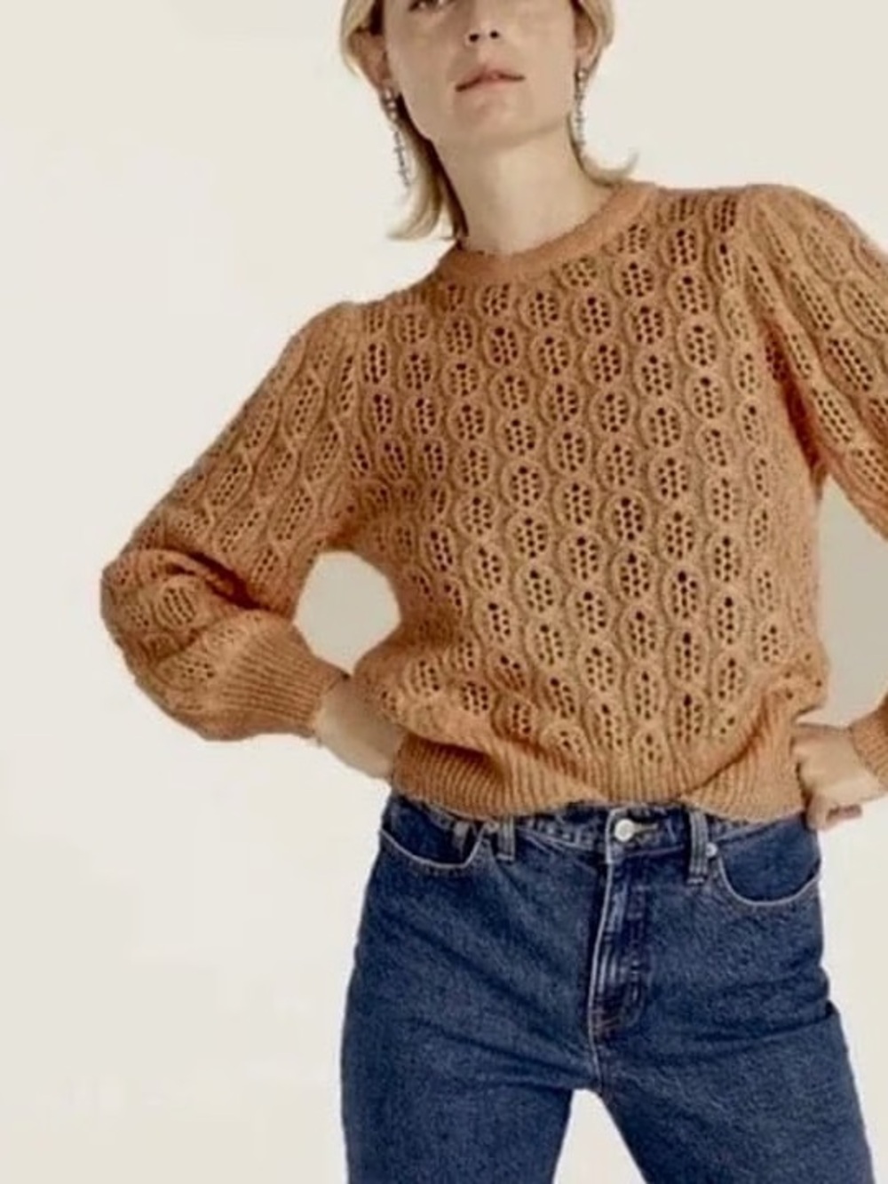 J. Crew Balloon Sleeve Cable Knit Sweater Camel Color Sz XL - BD619 Alpaca Blend